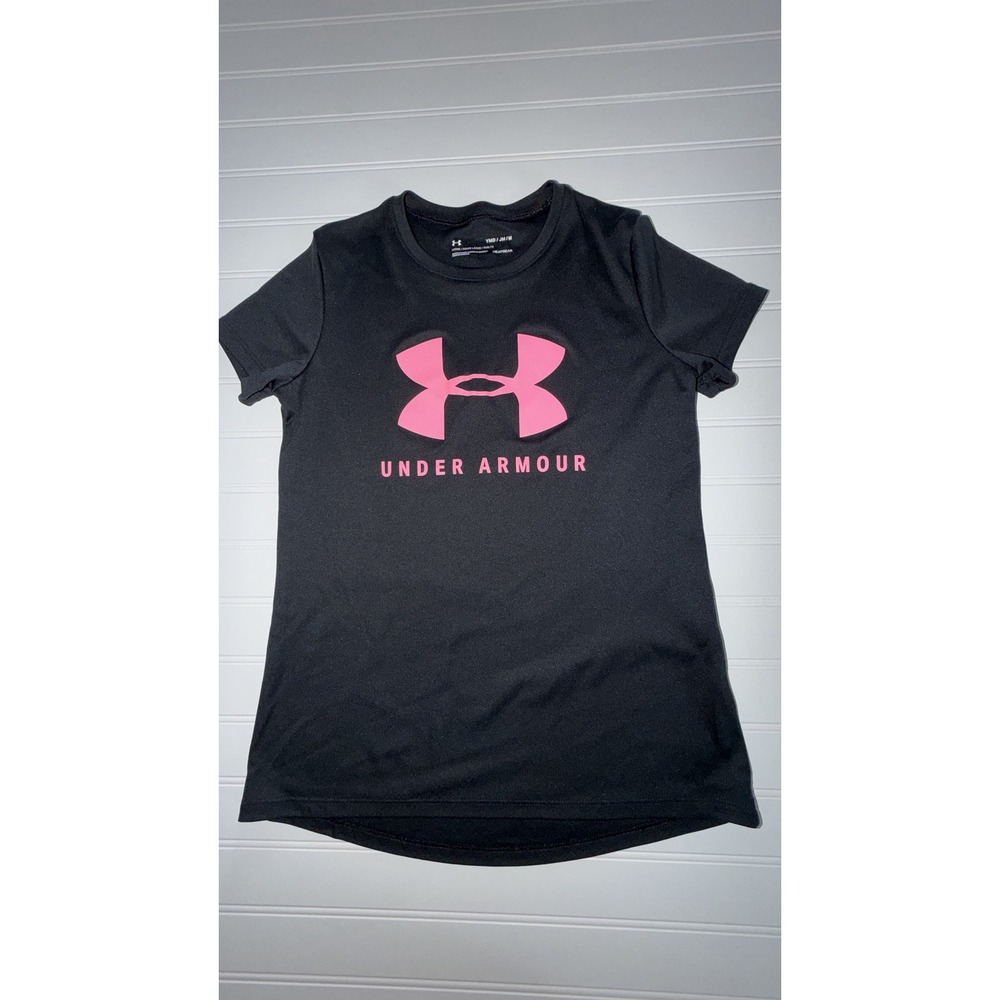 Under Armour Girls HeatGear Black Pink Logo Graphic T-Shirt YMD